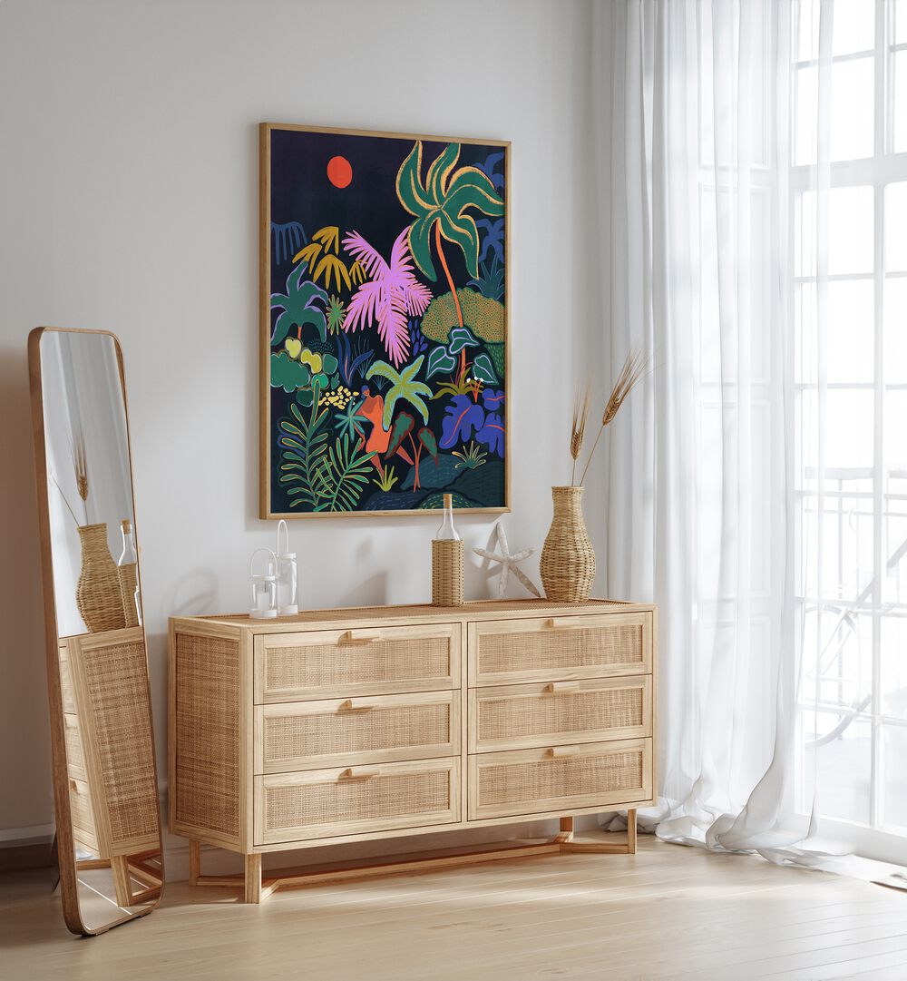 Lost II By Arty Guava Wall Art Prints in Oak Wood Plain Frame placed on a White Colored Wall above a Console Table in the Drawing Room 