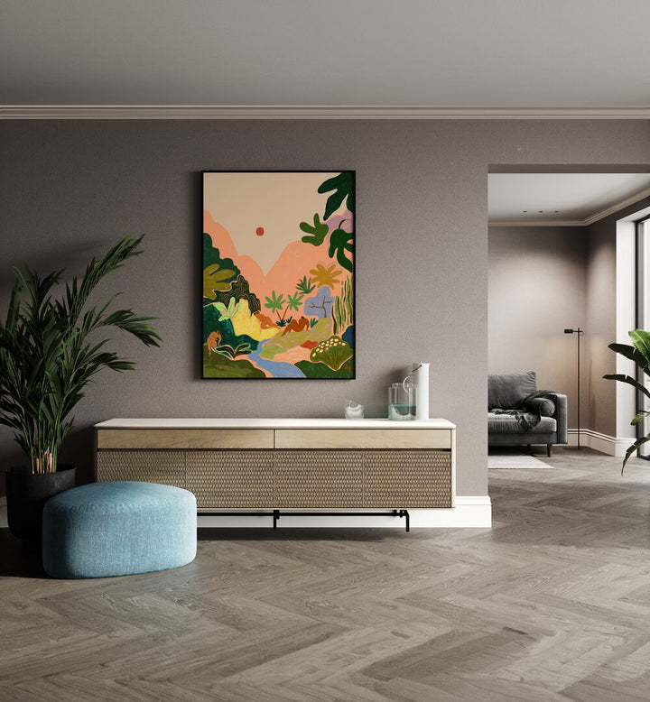 Lost In Paradise II By Arty Guava Wall Art Prints in Black Plain Frame placed on a Beige Colored Wall above a Console Table in the Drawing Room