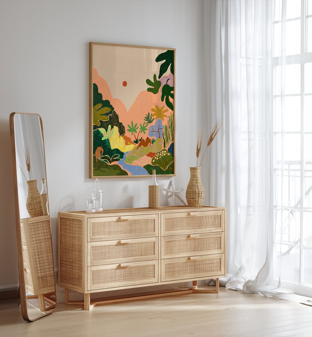 Lost In Paradise II By Arty Guava Wall Art Prints in Oak Wood Plain Frame placed on a White Colored Wall above a Console Table in the Drawing Room 