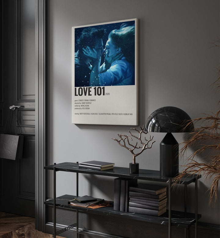 Love 101 Movie Posters in Gallery Wrap placed on a wall behind a table and beside a door