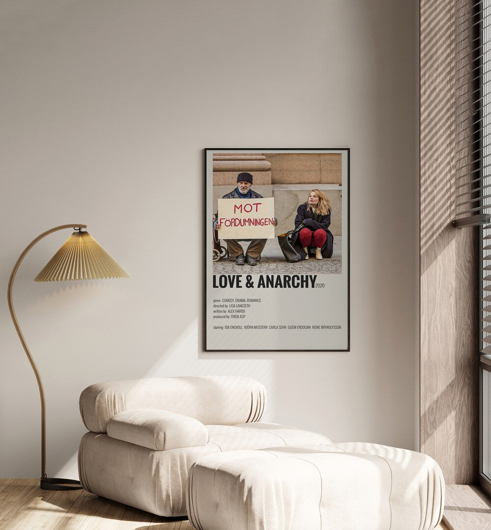 Love And Anarchy Movie Posters in Black Plain Frame placed on a white wall beside a window and behind a sofa