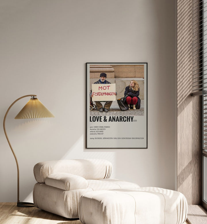 Love And Anarchy Movie Posters in Black Plain Frame placed on a white wall beside a window and behind a sofa