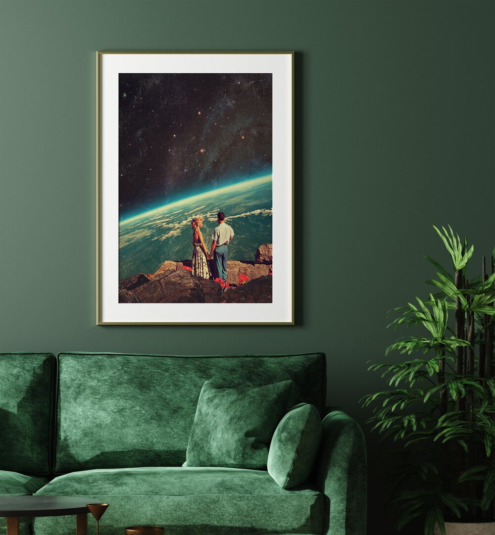 Love By Frank Moth Surreal Art Prints Surrealism in White Frame With Mount placed on a wall behind a green sofa