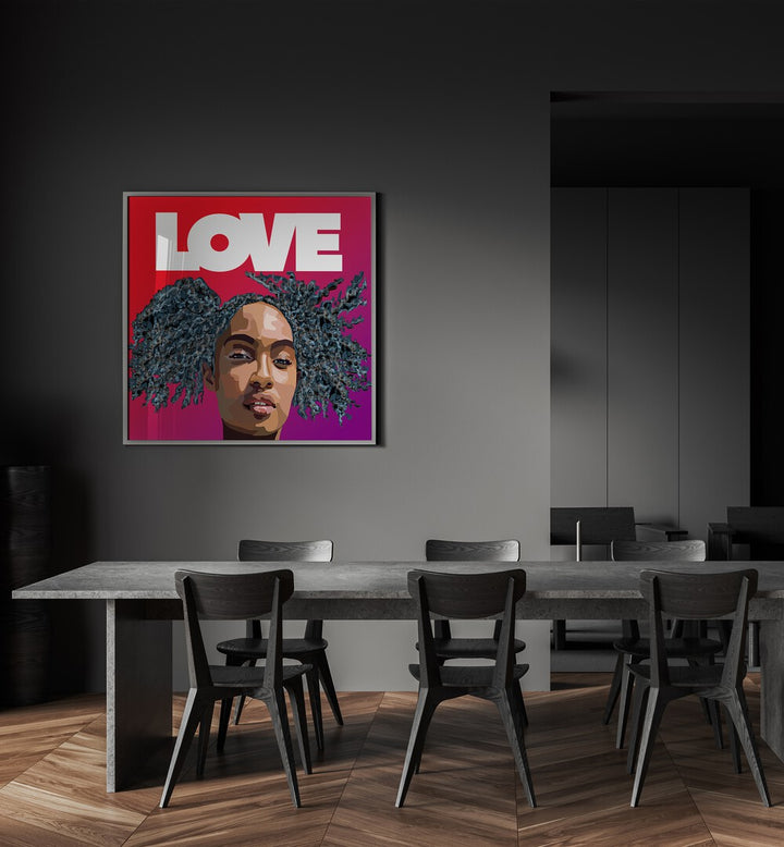 Love By Lynnda Rakos Pop Art Paintings Pop Art Prints in Black Plain Frame placed on a wall behind a table