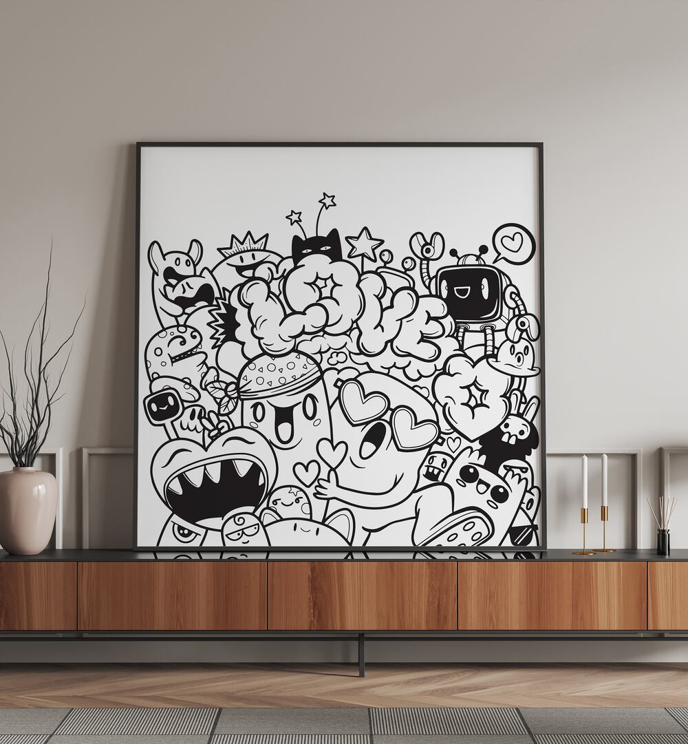 Love Doodle Art Painting in Black Plain Frame placed on black table