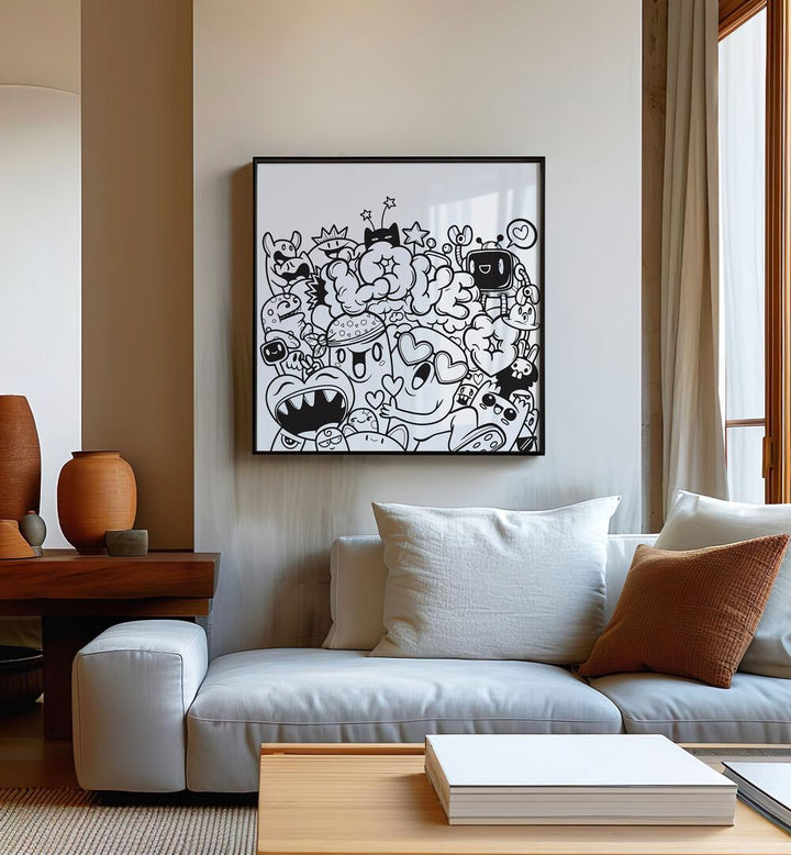 Love Doodle Art Painting in Black Plain Frame placed on wall behind a sofa