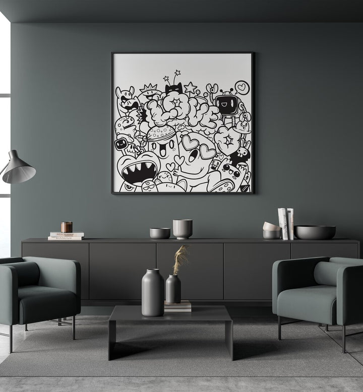 Love Doodle Art Painting in Black Plain Frame placed on wall behind  a black table