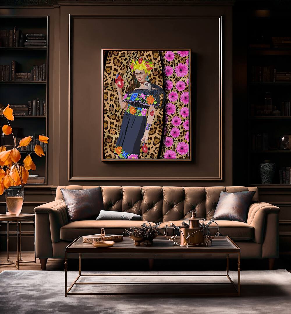 Love Frida By Lynnda Rakos Pop Art Paintings Pop Art Prints in Dark Wood Plain Frame placed on a wall behind a sofa