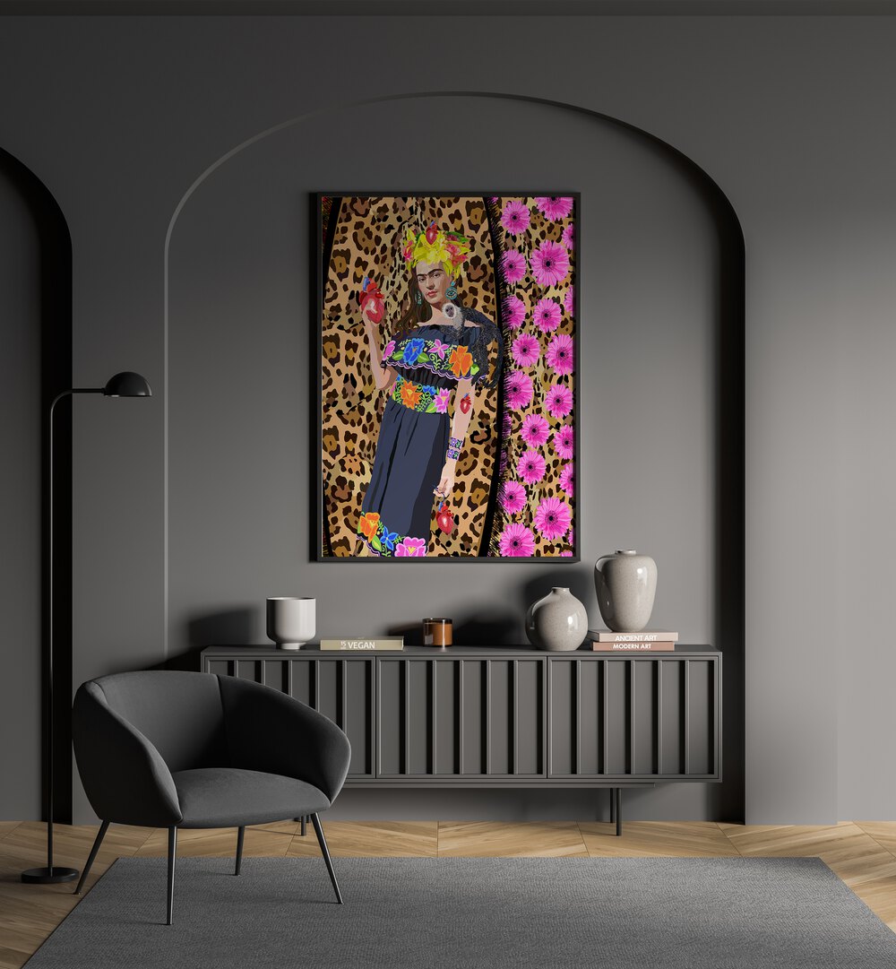 Love Frida By Lynnda Rakos Pop Art Paintings Pop Art Prints in Black Plain Frame placed on a wall behind a console table