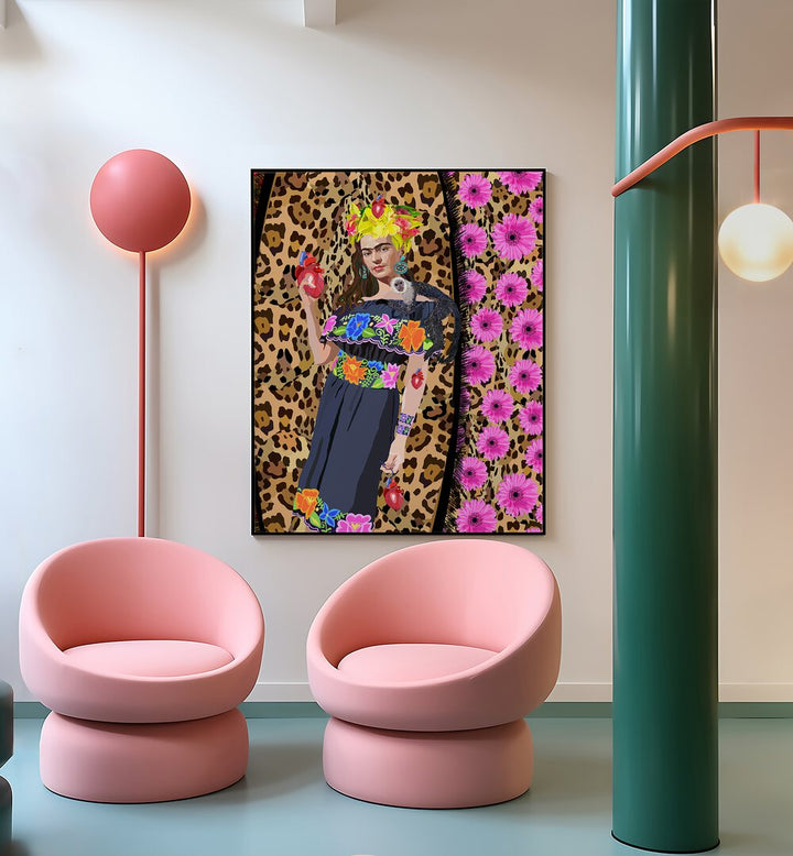 Love Frida By Lynnda Rakos Pop Art Paintings Pop Art Prints in Black Plain Frame placed on a wall behind a chairs