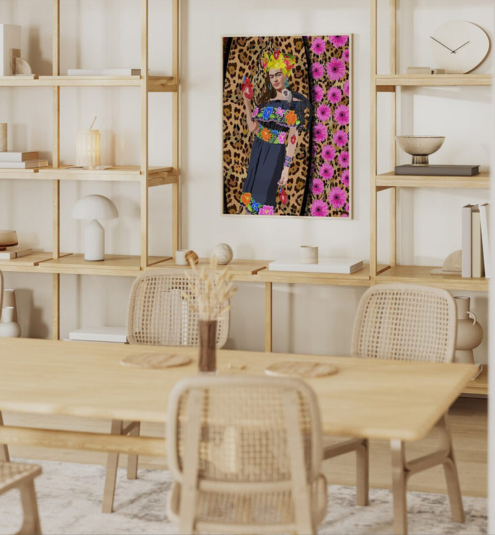 Love Frida By Lynnda Rakos Pop Art Paintings Pop Art Prints in Oak Wood Plain Frame placed on a wall behind a table