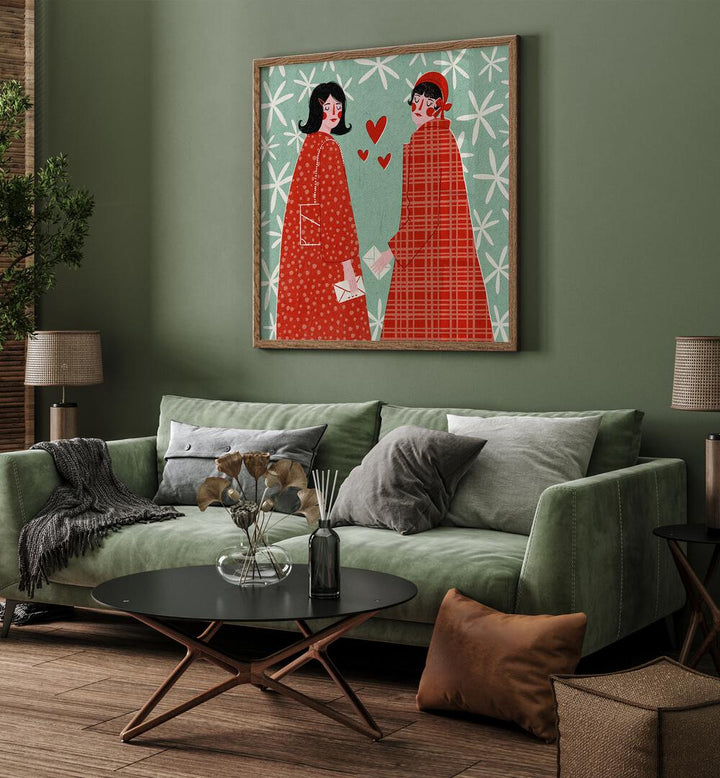 Love Letters By Julia Leister Women Illustration Paintings in Oak Wood Plain Frame on a green wall placed behind a sofa in the living room