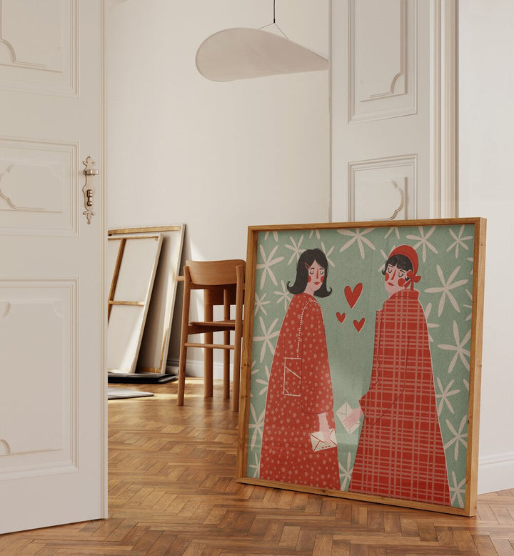 Love Letters By Julia Leister Women Illustration Paintings in Oak Wood Plain Frame placed on the floor beside a door