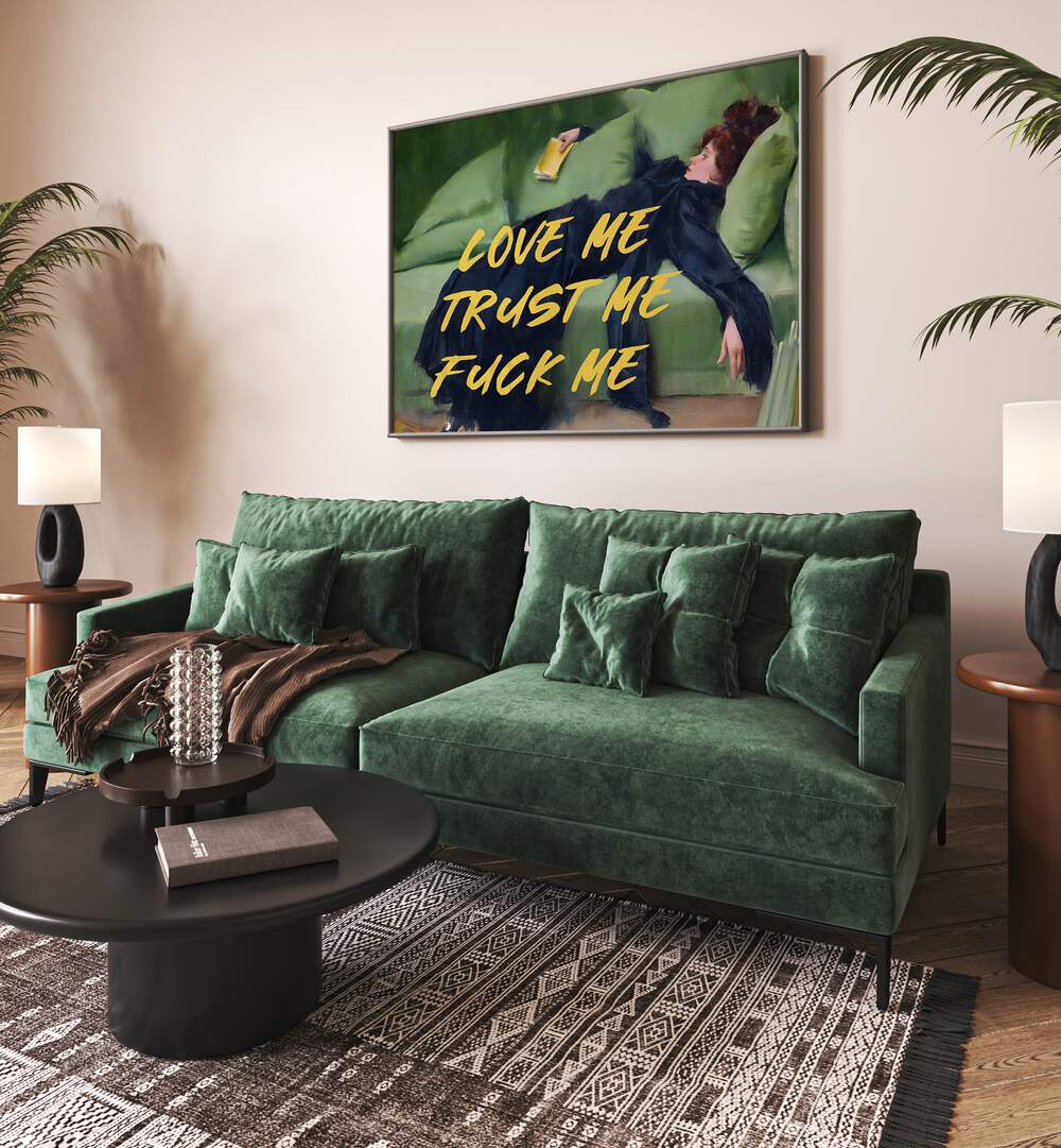 Love Me II by the Art Concept Altered Art Prints in Black Plain Frame placed on the wall behind a sofa for living room