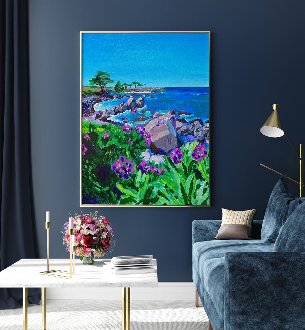 Lovers Point By Key And Sea Creative Landscape Art Print in Golden plain frame beside a blue sofa for living room