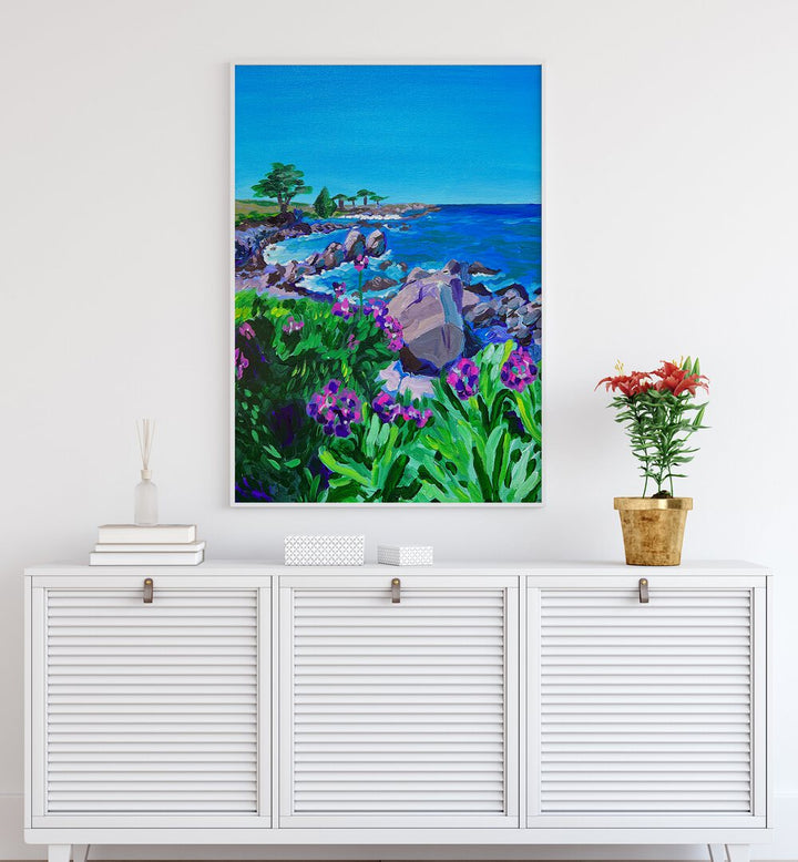 Lovers Point By Key And Sea Creative Landscape Art Print in White Plain Frame on a white wall above a console table