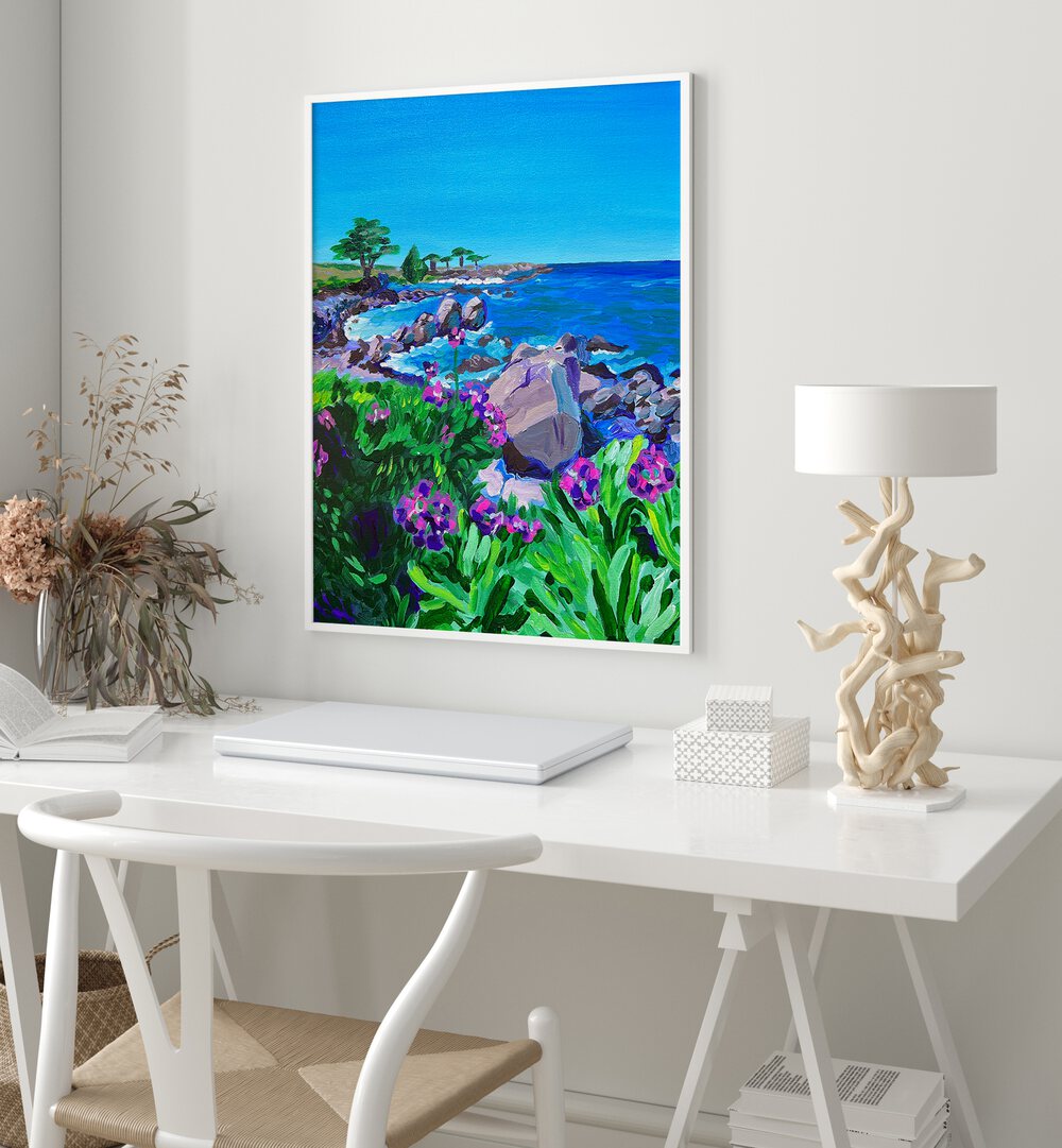 Lovers Point By Key And Sea Creative Landscape Art Print in White Plain Frame on a white wall above a study table