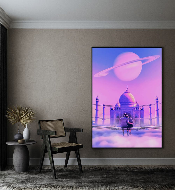 Lovers Point By Ritvik Takkar Surreal Art Prints in Black Plain Frame placed on a Beige Colored Wall in the Drawing Room