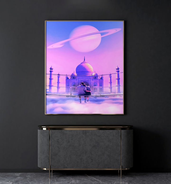 Lovers Point By Ritvik Takkar Surreal Art Prints in Gold Plain Frame placed on a Dark Grey Colored Wall above a Console Table in the Drawing Room