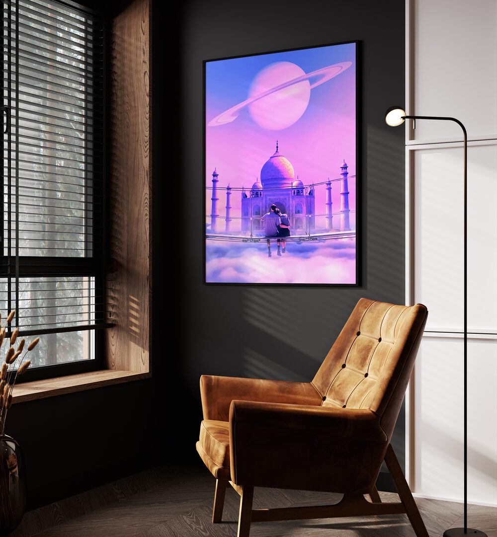 Lovers Point By Ritvik Takkar Surreal Art Prints in Black Plain Frame placed on a Dark Grey Colored Wall in the Drawing Room