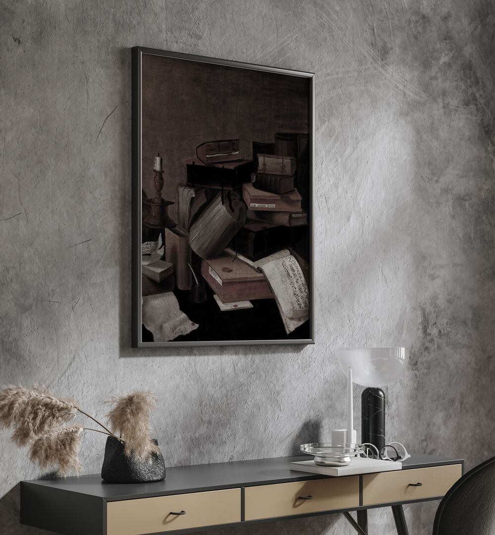 Luminary Lore Books Aglow By Candlelight Gothic Art Prints in Black Plain Frame hanging on wall above console table.