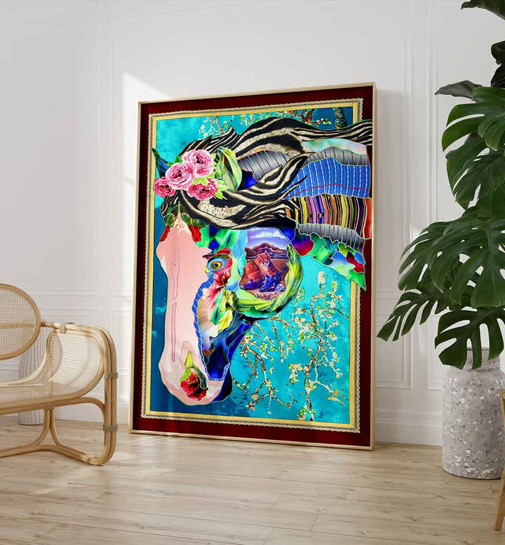 Vibrant LUMINOUS STEED, ANIMAL PAINTINGS adorns a modern space, showcasing colorful artistic details and floral accents.