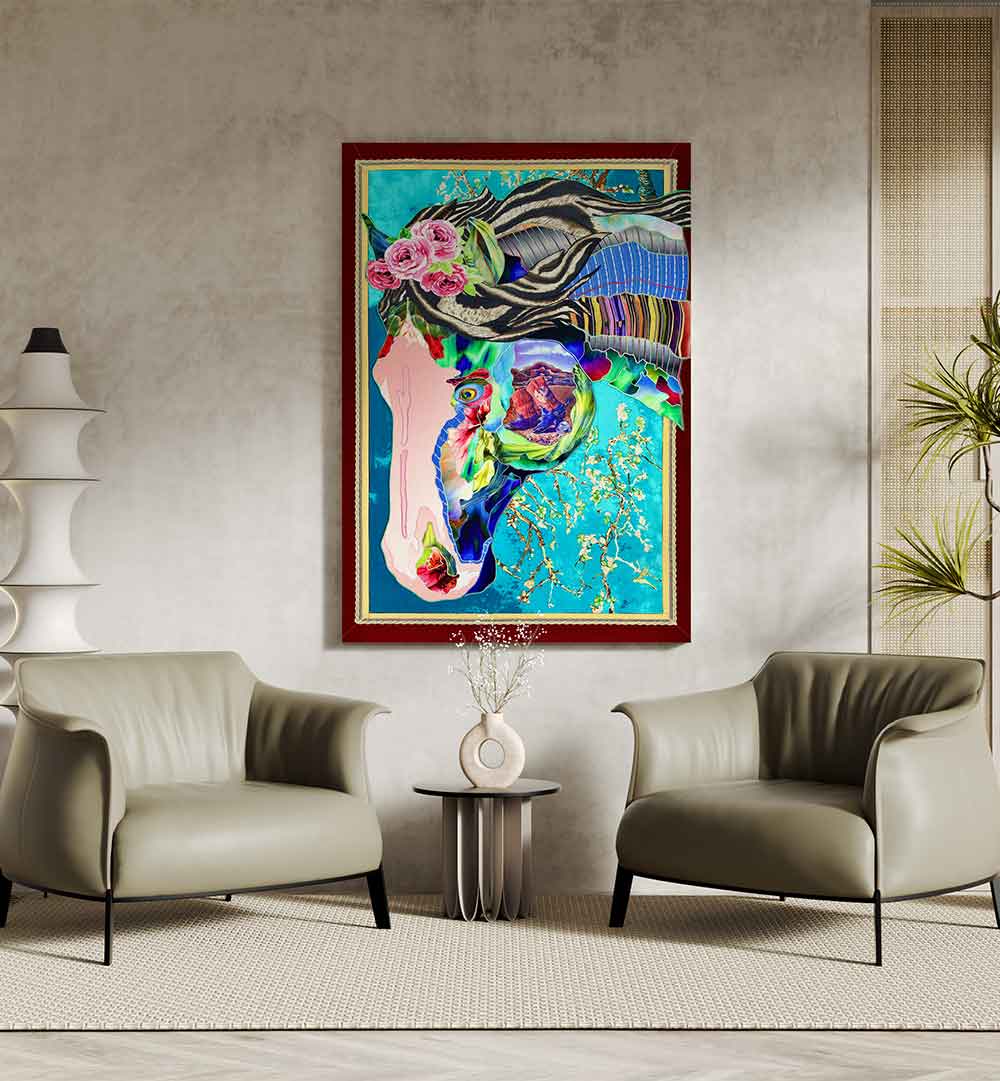 Vibrant LUMINOUS STEED, ANIMAL PAINTINGS on display, adding colorful elegance to modern home decor.