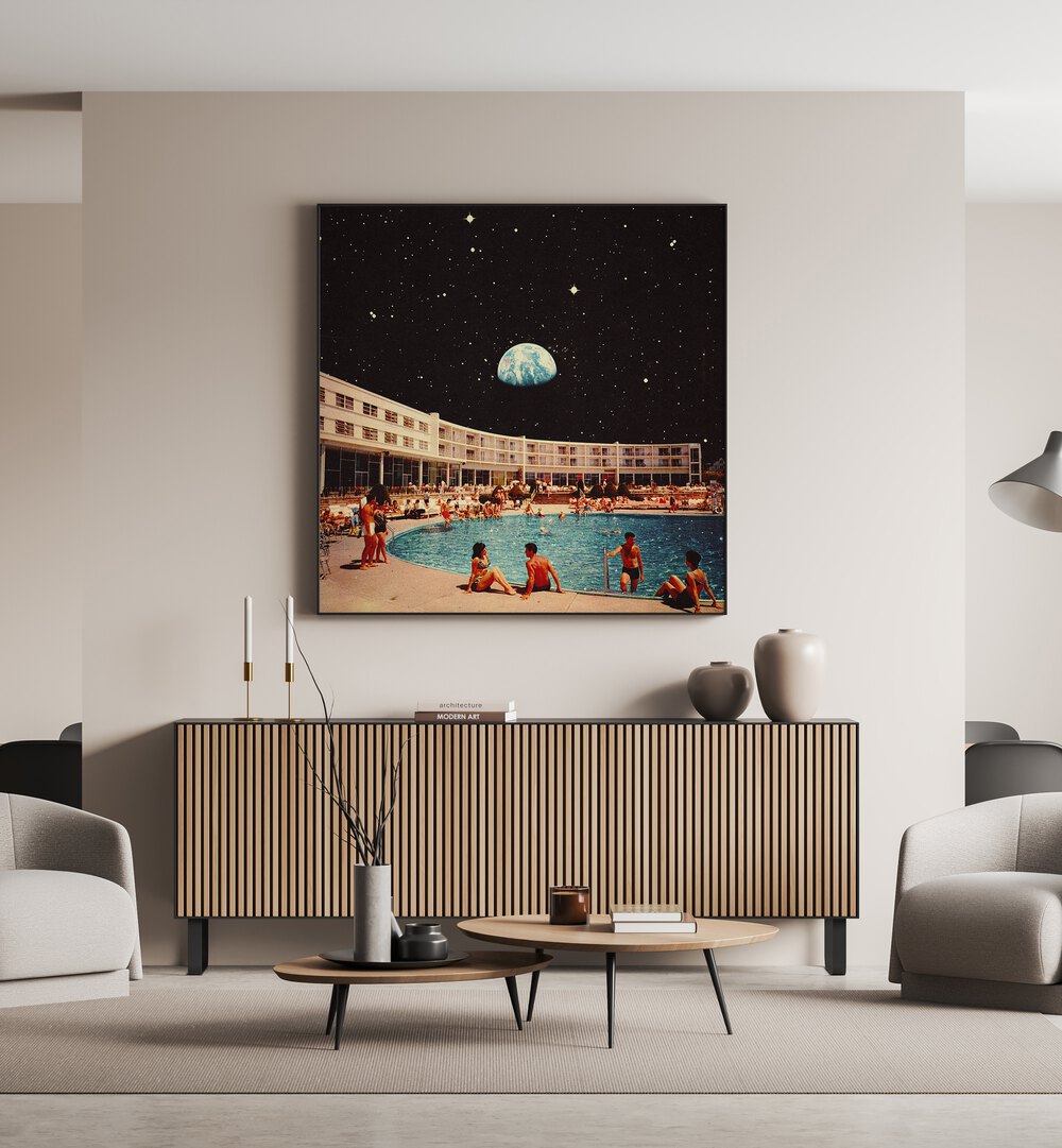 Lunar Pool Surreal Paintings Surreal Art Prints in Black Plain Frame placed on a Cream Colored Wall above a Console Table in the Living Room