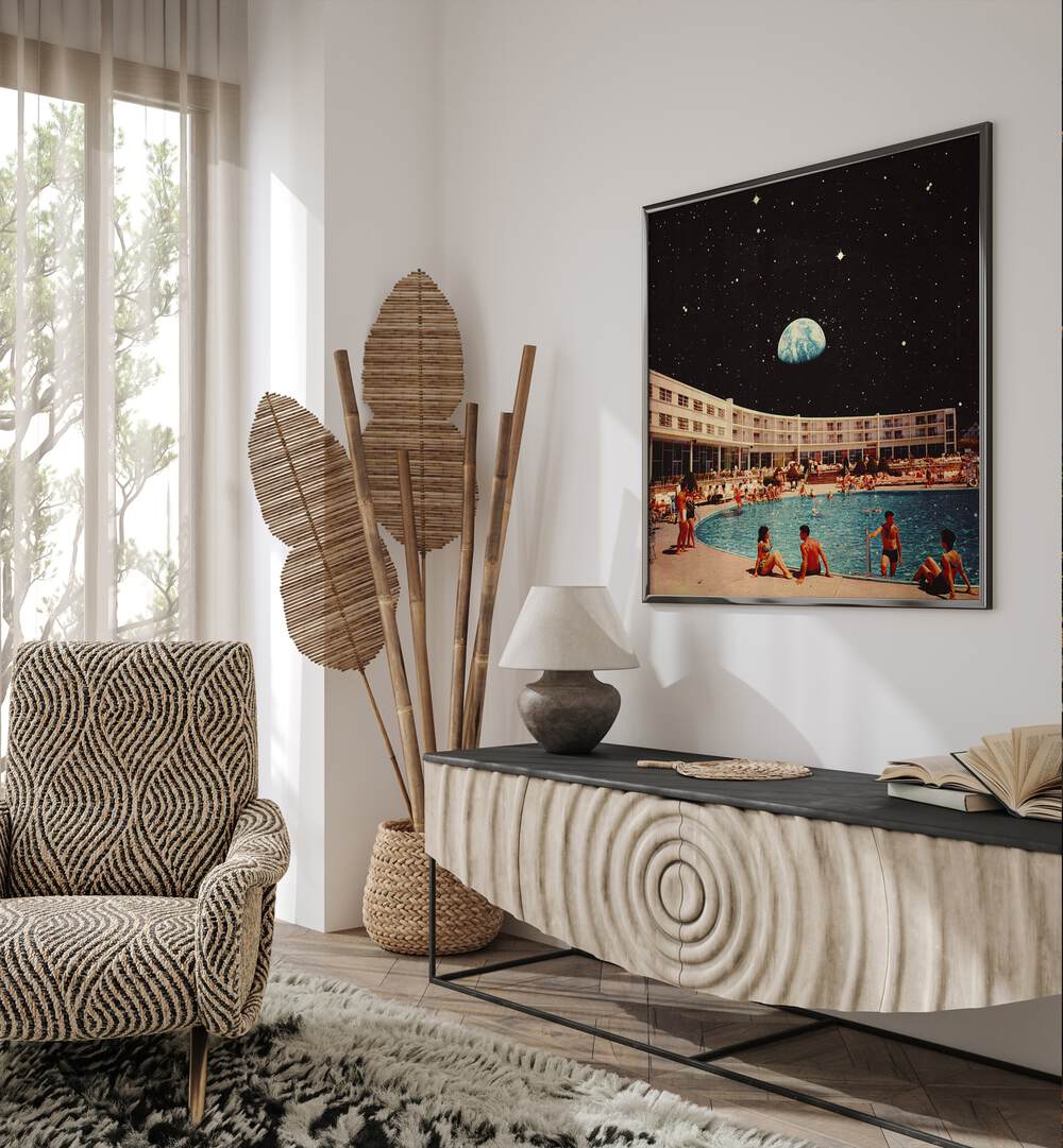 Lunar Pool Surreal Paintings Surreal Art Prints in Black Plain Frame placed on a White Colored Wall above a Console Table in the Living Room