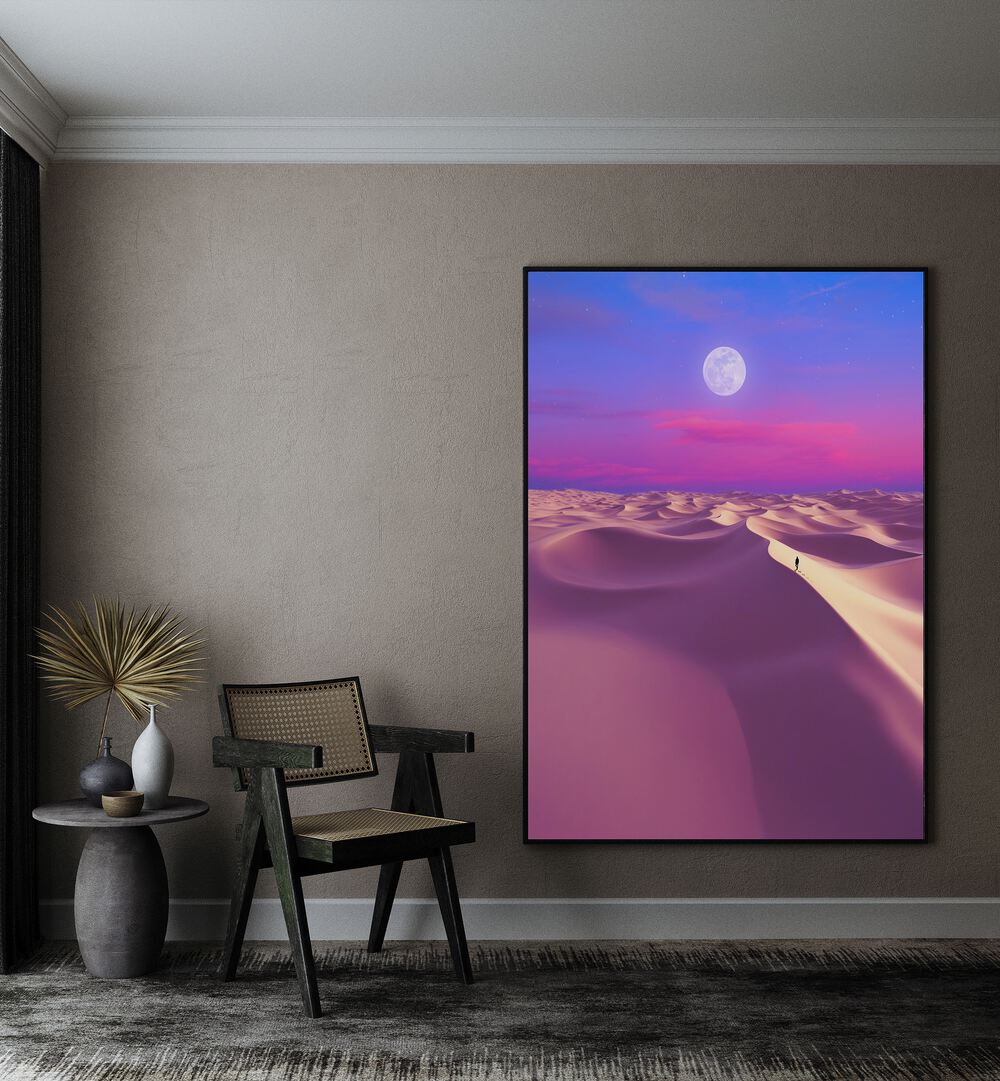 Lunar Solitude By Ritvik Takkar Surrealism in Black Plain Frame placed on a Beige Colored Wall in the Drawing Room