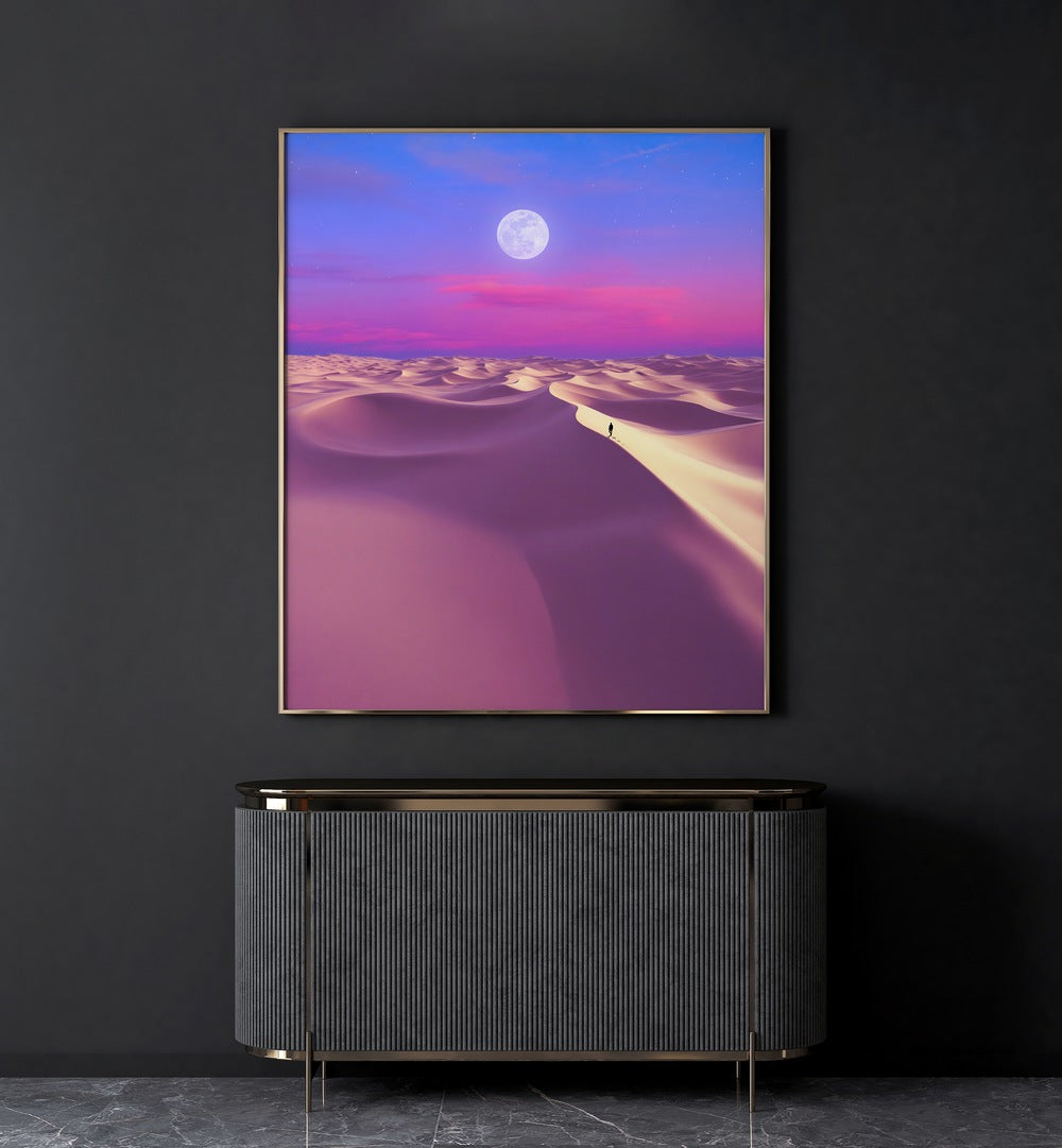 Lunar Solitude By Ritvik Takkar Surrealism in Gold Plain Frame placed on a Dark Grey Colored Wall in the Drawing Room