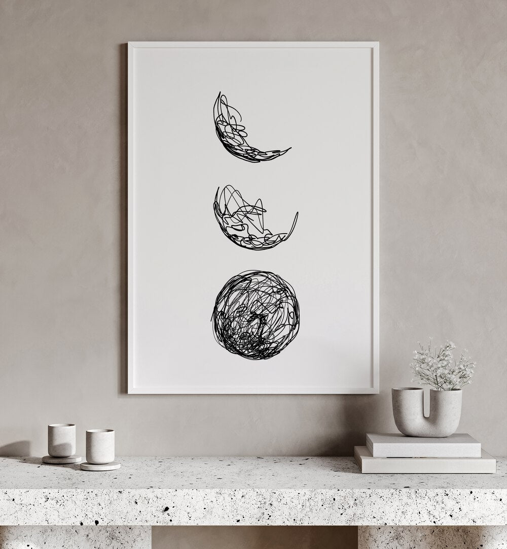 Lunar by Hanna Lee Tidd Line Art Paintings Line Art Prints in White Plain Frame placed on a wall behind a table