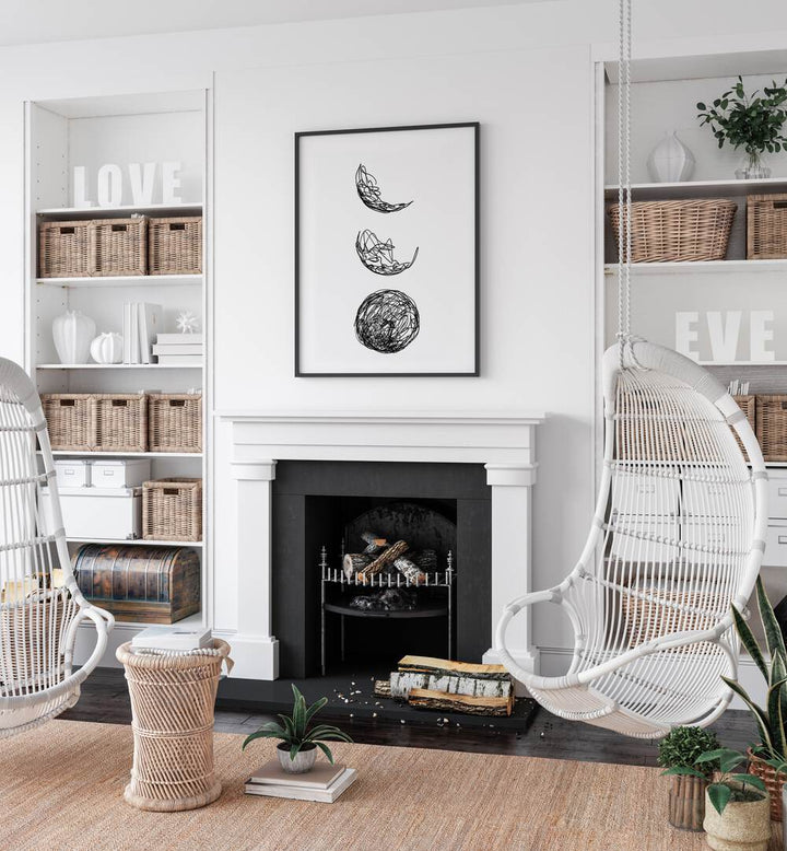 Lunar by Hanna Lee Tidd Line Art Paintings Line Art Prints in Black Plain Frame placed on a wall above a fire place