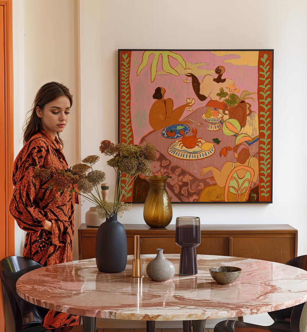 Luncheon With The Ladies By Arty Guava Wall Art Prints in Black Plain Frame placed on a Cream Colored Wall near a Dining Table in the Dining Room