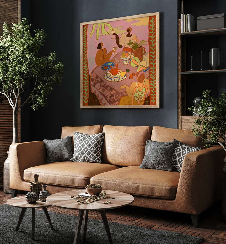 Luncheon With The Ladies By Arty Guava Wall Art Prints in Oak Wood Plain Frame placed on a Blue Colored Wall near a Brown Sofa in the Living Room