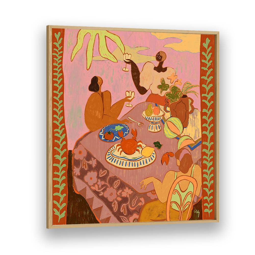 Luncheon With The Ladies By Arty Guava Wall Art Prints in Oak Wood Plain Frame