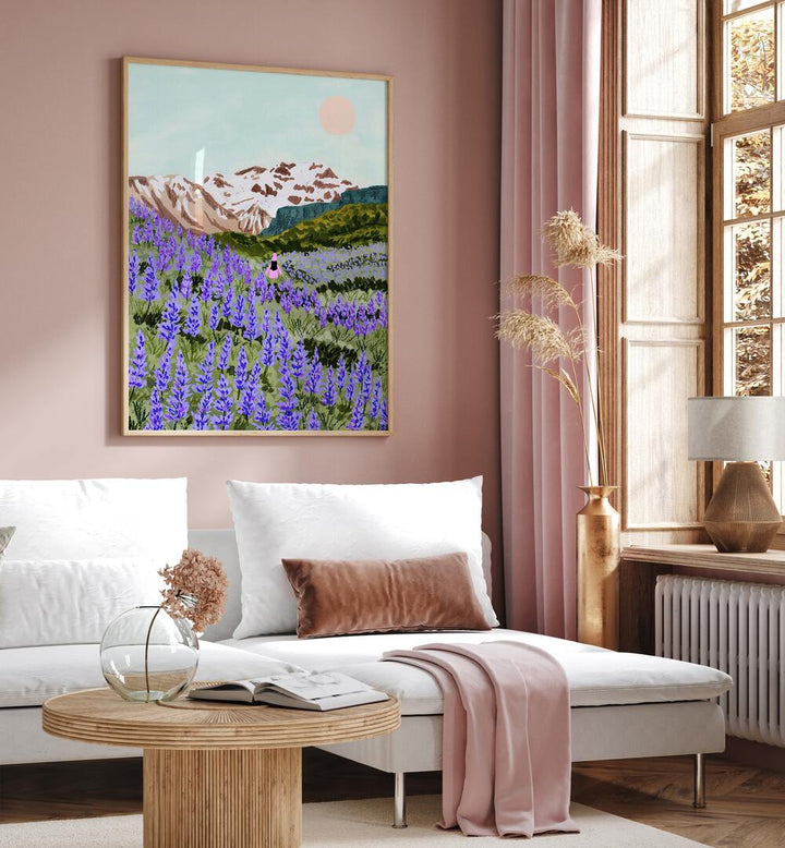 Lupine By Sarah Gesek Landscape Art Prints in Oak Wood Plain Frame placed on a living room wall beside a window and behind a sofa