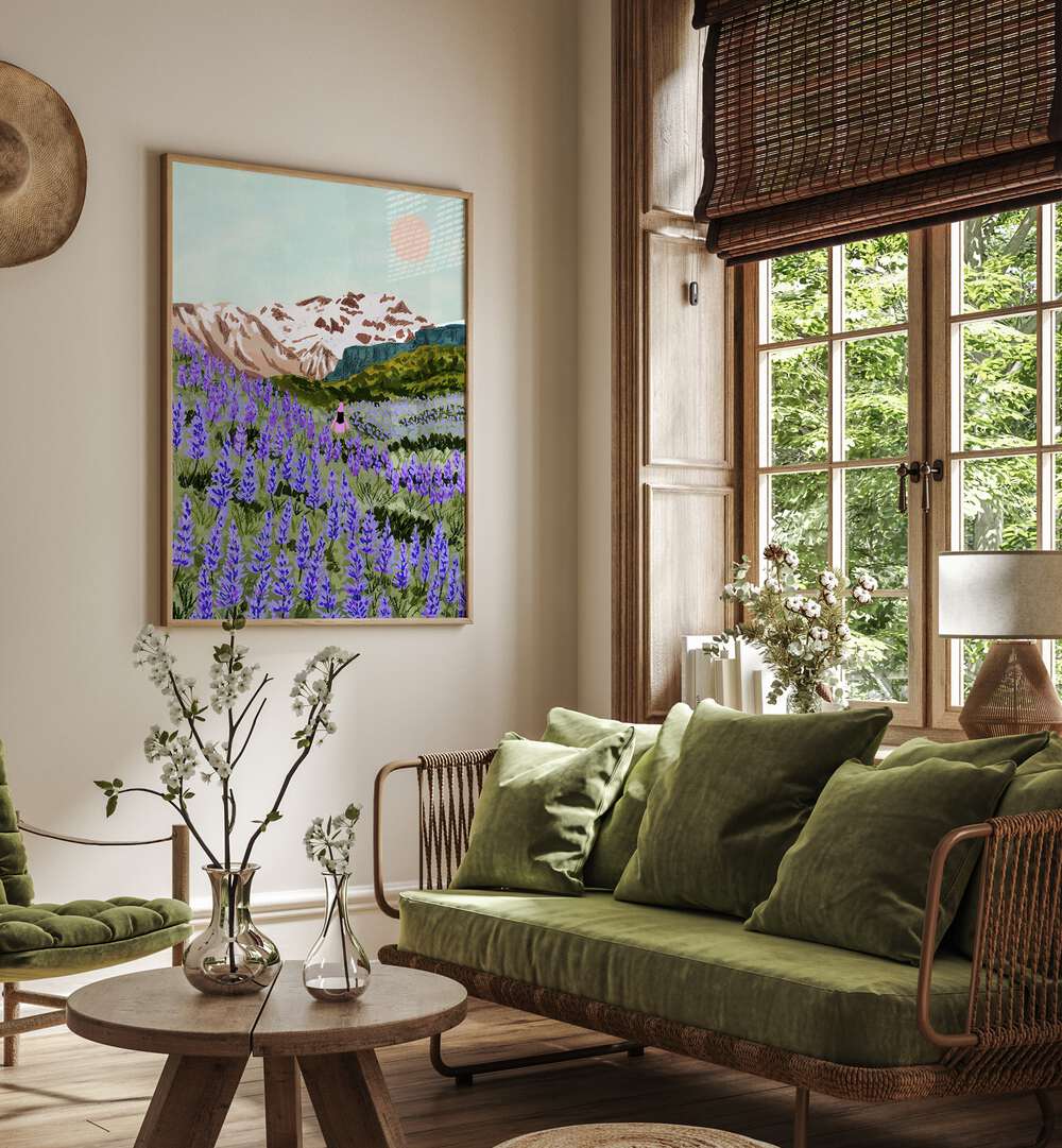 Lupine By Sarah Gesek Landscape Art Prints in Oak Wood Plain Frame placed on a living room wall beside a window and a sofa