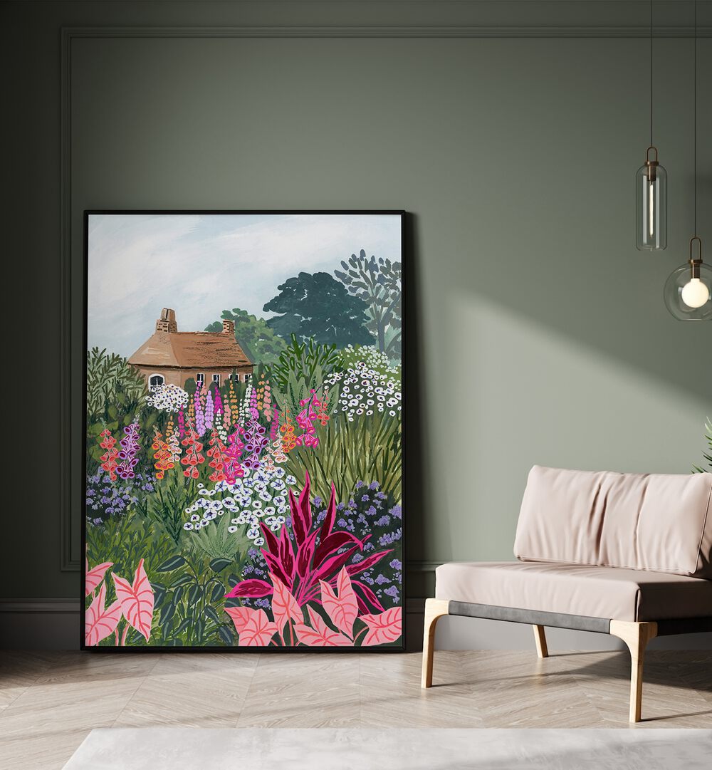 Lush Garden By Sarah Gesek Landscape Art Prints in Black Plain Frame placed on the floor beside a sofa