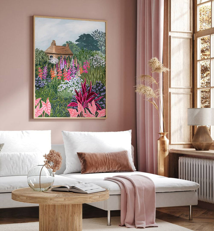 Lush Garden By Sarah Gesek Landscape Art Prints in Oak Wood Plain Frame placed on a living room wall beside a window and behind a sofa