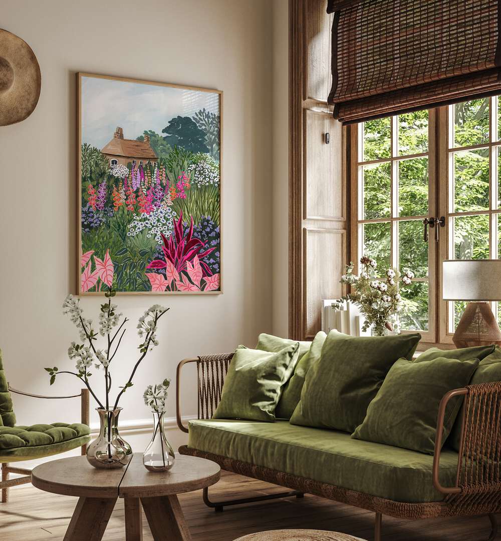 Lush Garden By Sarah Gesek Landscape Art Prints in Oak Wood Plain Frame placed on a living room wall beside a window and a sofa