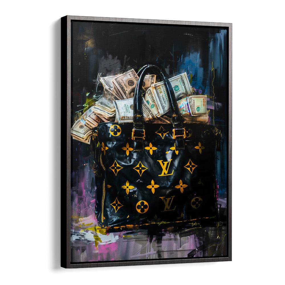 Lv Bag With Dollars Fashion Paintings Fashion Posters in Black Floater Frame