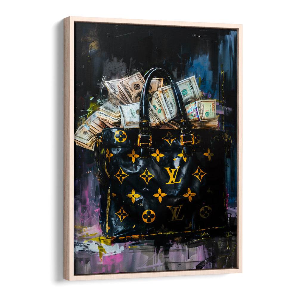 Lv Bag With Dollars Fashion Paintings Fashion Posters in Oak Wood Floater Frame