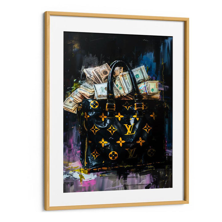 Lv Bag With Dollars Fashion Paintings Fashion Posters in Oak Wood Frame With Mount