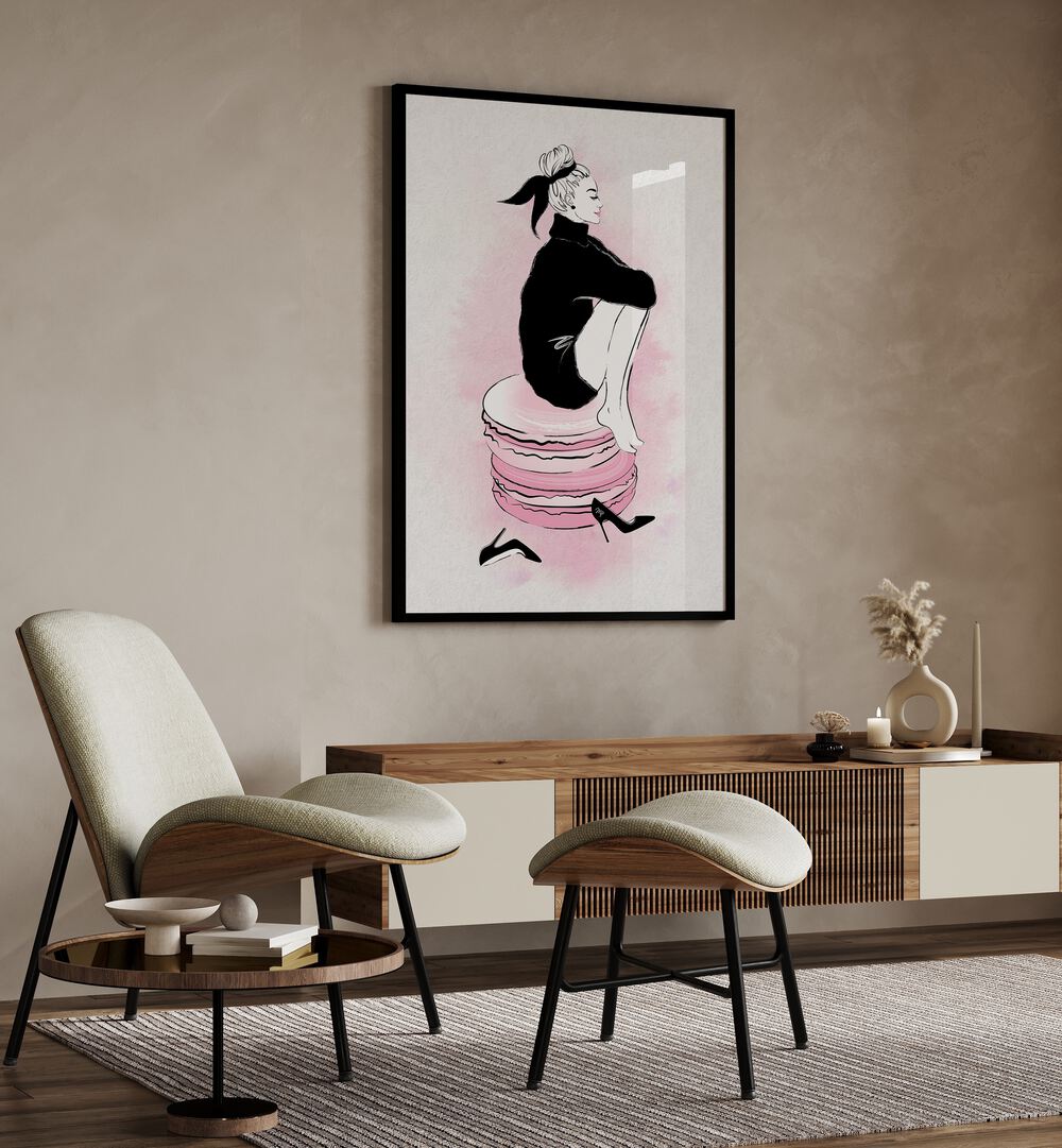 Macaron Girl Fashion Art  Artwork in Gallery Wrap Artwork Placed on a wall In A Living Room 
