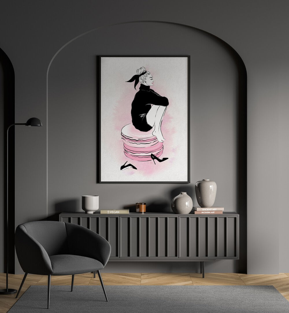 Macaron Girl Fashion Art  Artwork in Gallery Wrap Artwork Placed on a wall In A Living Room 