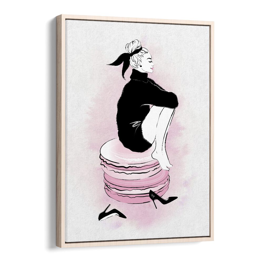 Macaron Girl Fashion Art Artwork in Oak Wood Floater Frame
