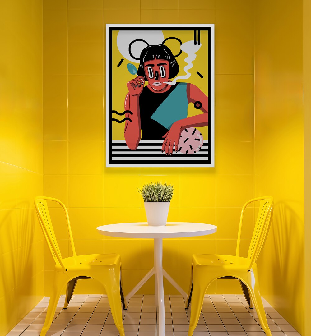 Madame X Framed Art I in White Plain Frame Placed on a Bright Yellow Wall in a Cafe