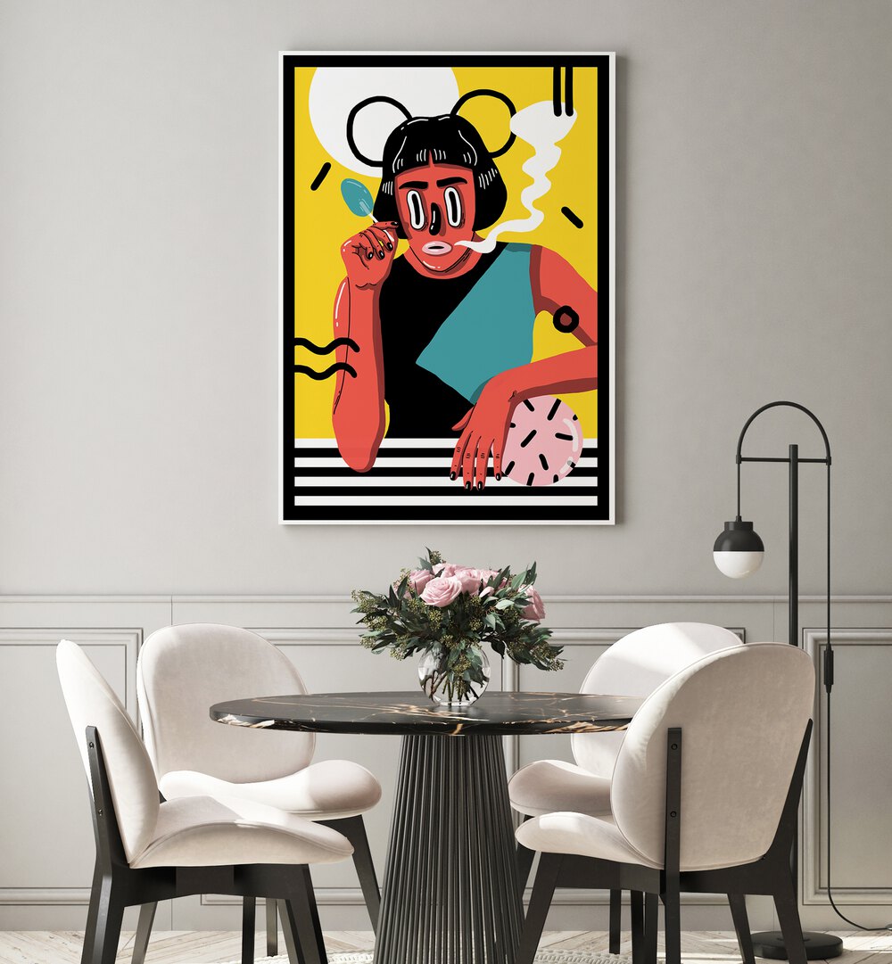 Madame X Framed Art I in White Plain Frame Placed on a White Wall near a small Black Dining Table in the Dining Room