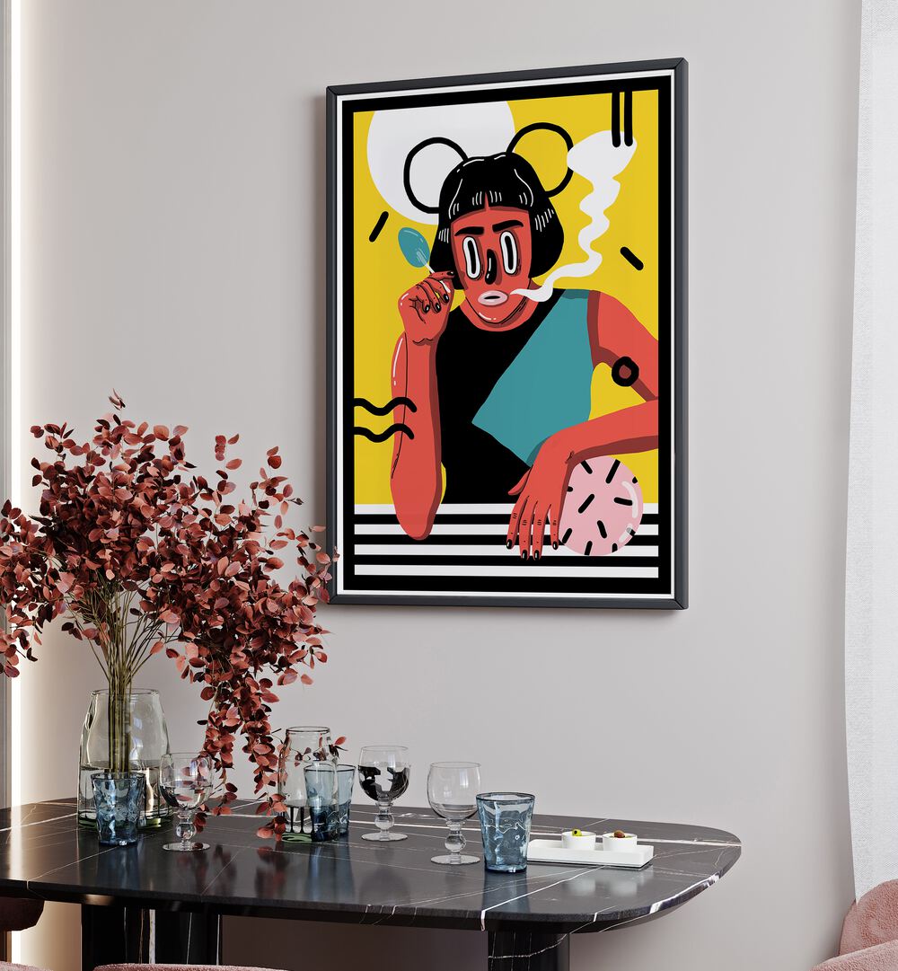 Madame X Framed Art I in Black Plain Frame Placed on a White Wall near a small Black Dining Table